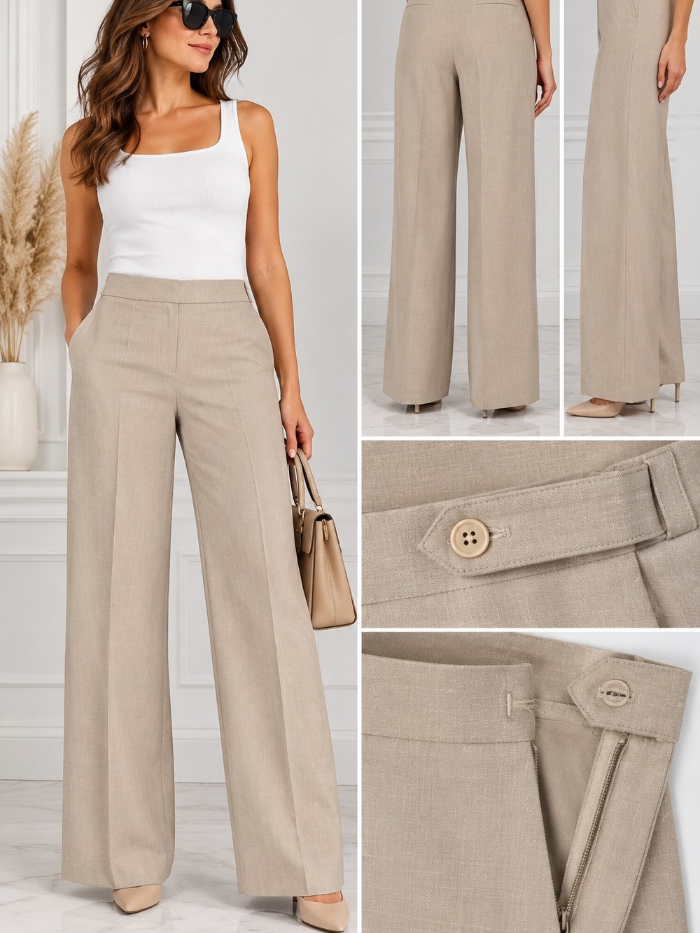 Talbots Linen BlendPalazzo Wide-Leg High-Waist Pants Sz16 Beige Minimalist